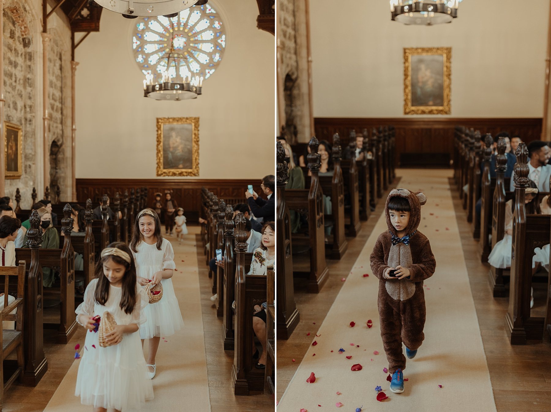 kid dressed up as a bear walking down the aisle at wedding as a ring bearer at cluny castle wedding scotland