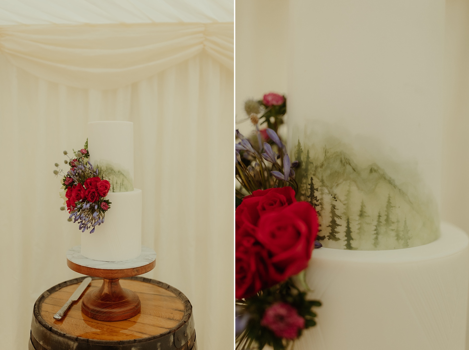love laura lane hand painted wedding cake with mountains and trees at cluny castle wedding scotland