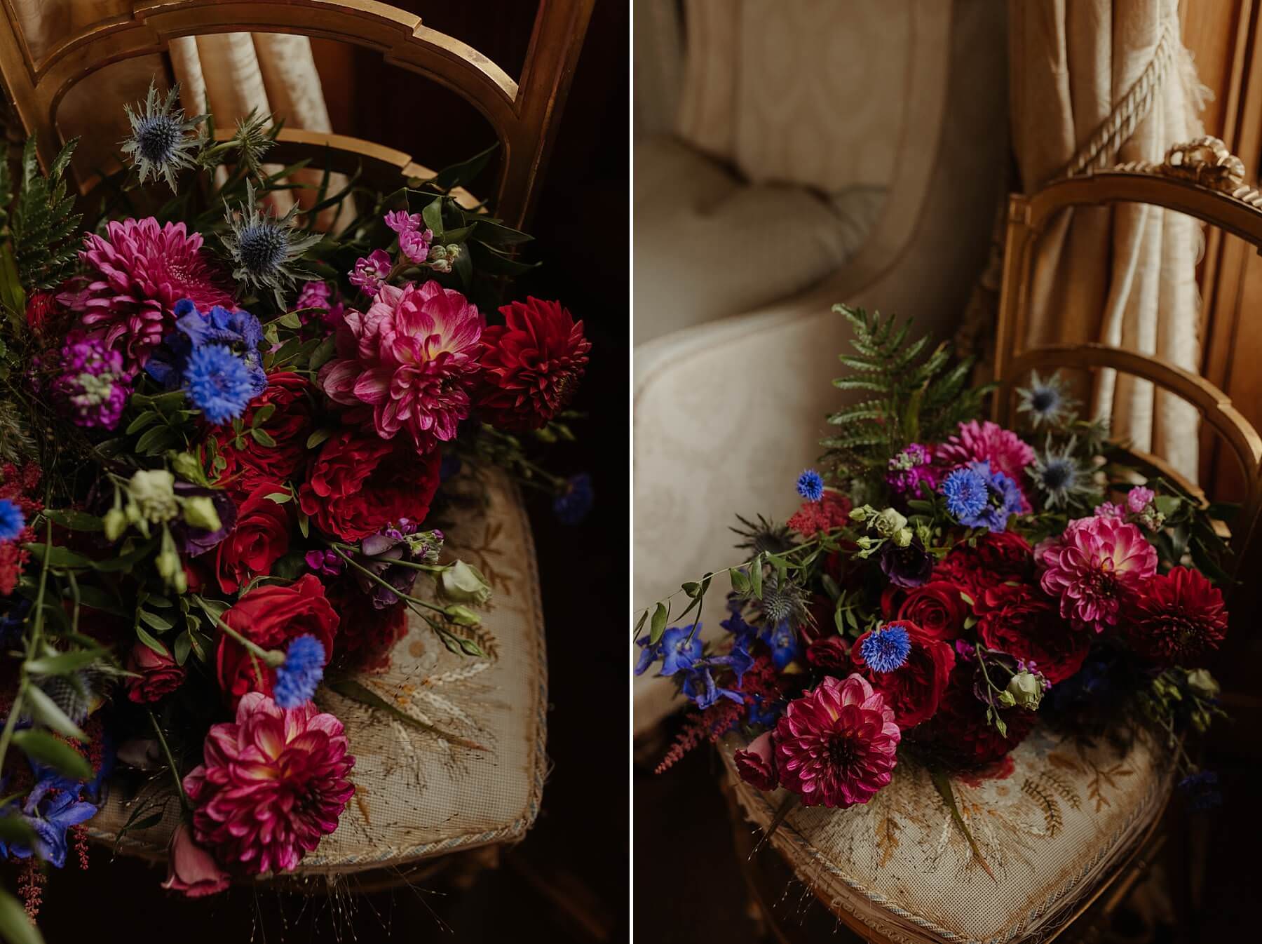 kim dalglish florist bright colourful bouquet pink blue purple red flowers at cluny castle wedding scotland